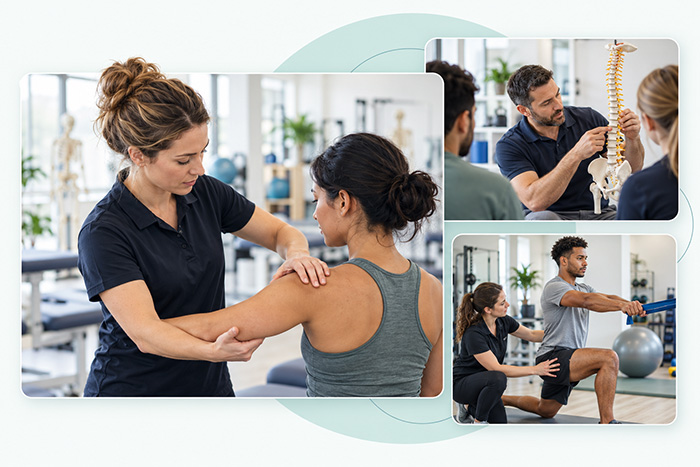 Physical therapists treating patients, teaching spinal anatomy, and guiding exercise in a clinic.