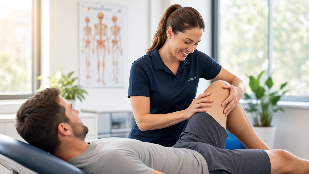 Physical therapist treating a patient's knee in a bright clinic