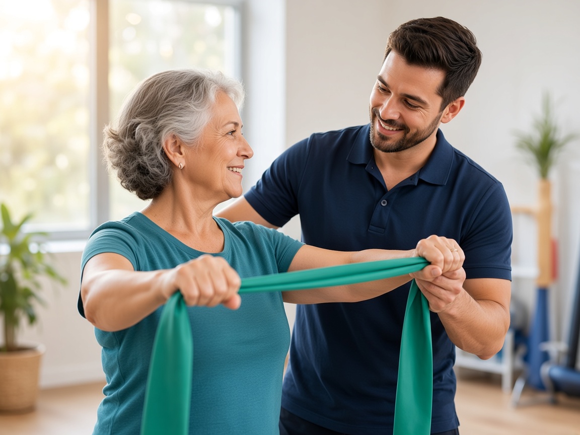 Physical therapist guiding an older adult through a resistance-band exercise